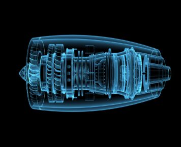 Jet engine (3D x-ray blue transparent isolated on black)